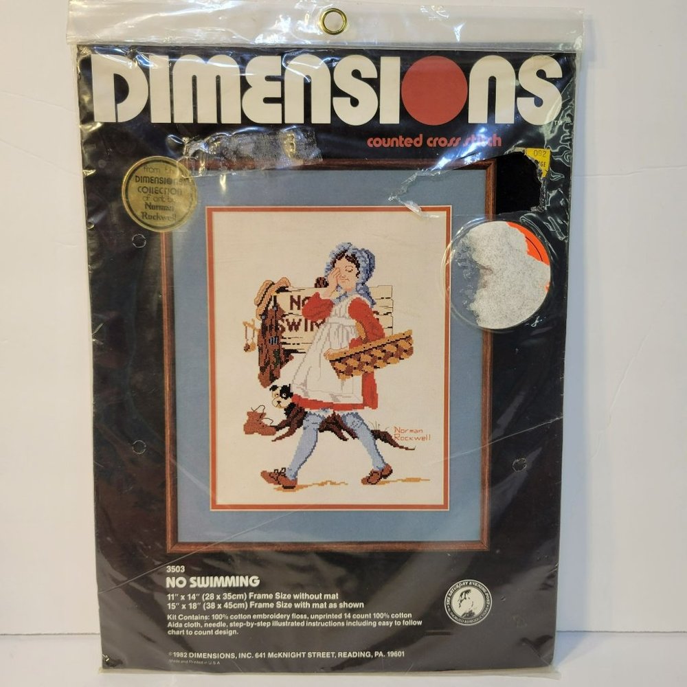 VTG 1982 Dimensions Cross Stitch Kit No Swimming Normal Rockwell 3503 Girl